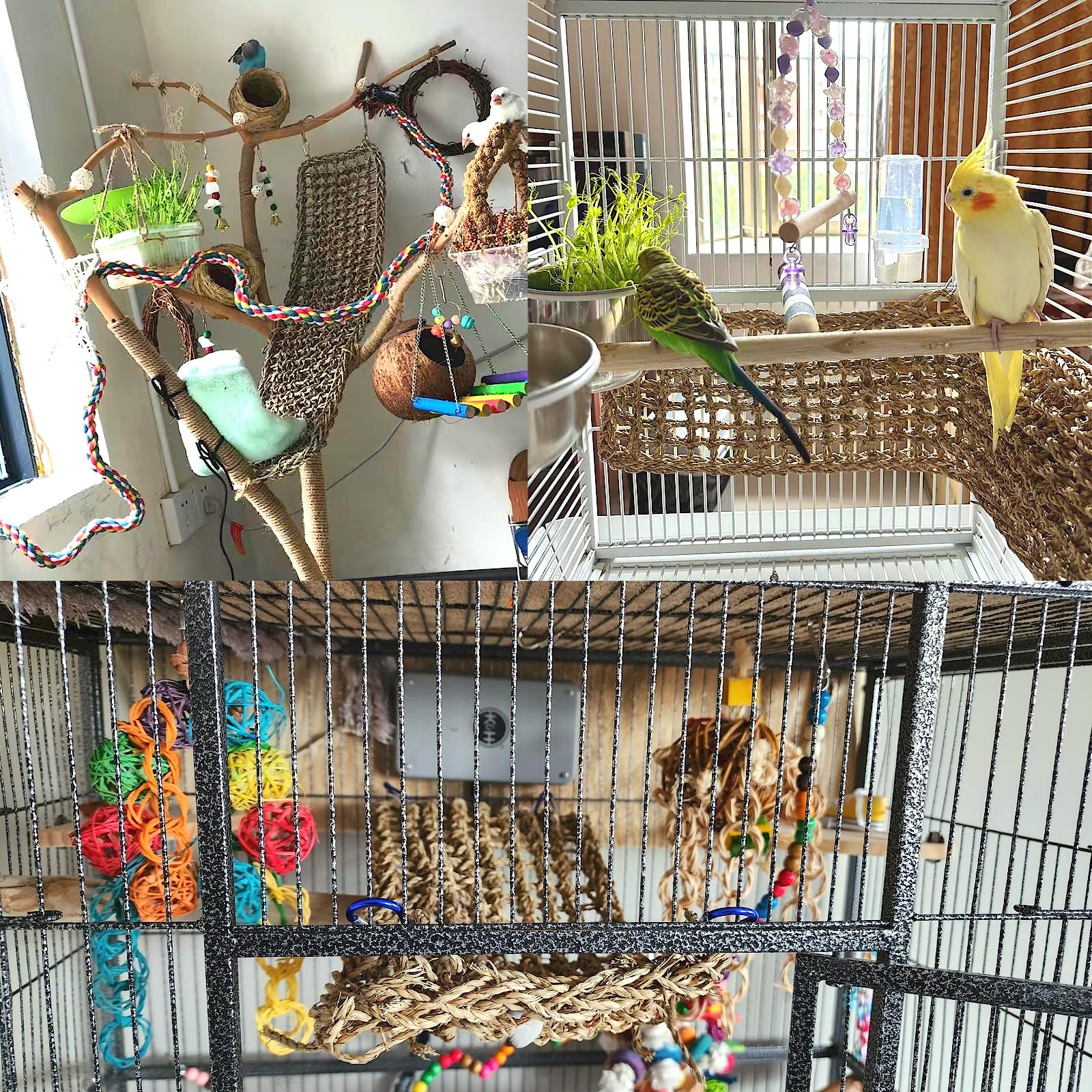 2Pcs Bird Seagrass Mat 20.5  8   Natural Grass Woven Net Hammock Hanging on Cage Parakeet Climbing Rope Ladder Chew Toys for L